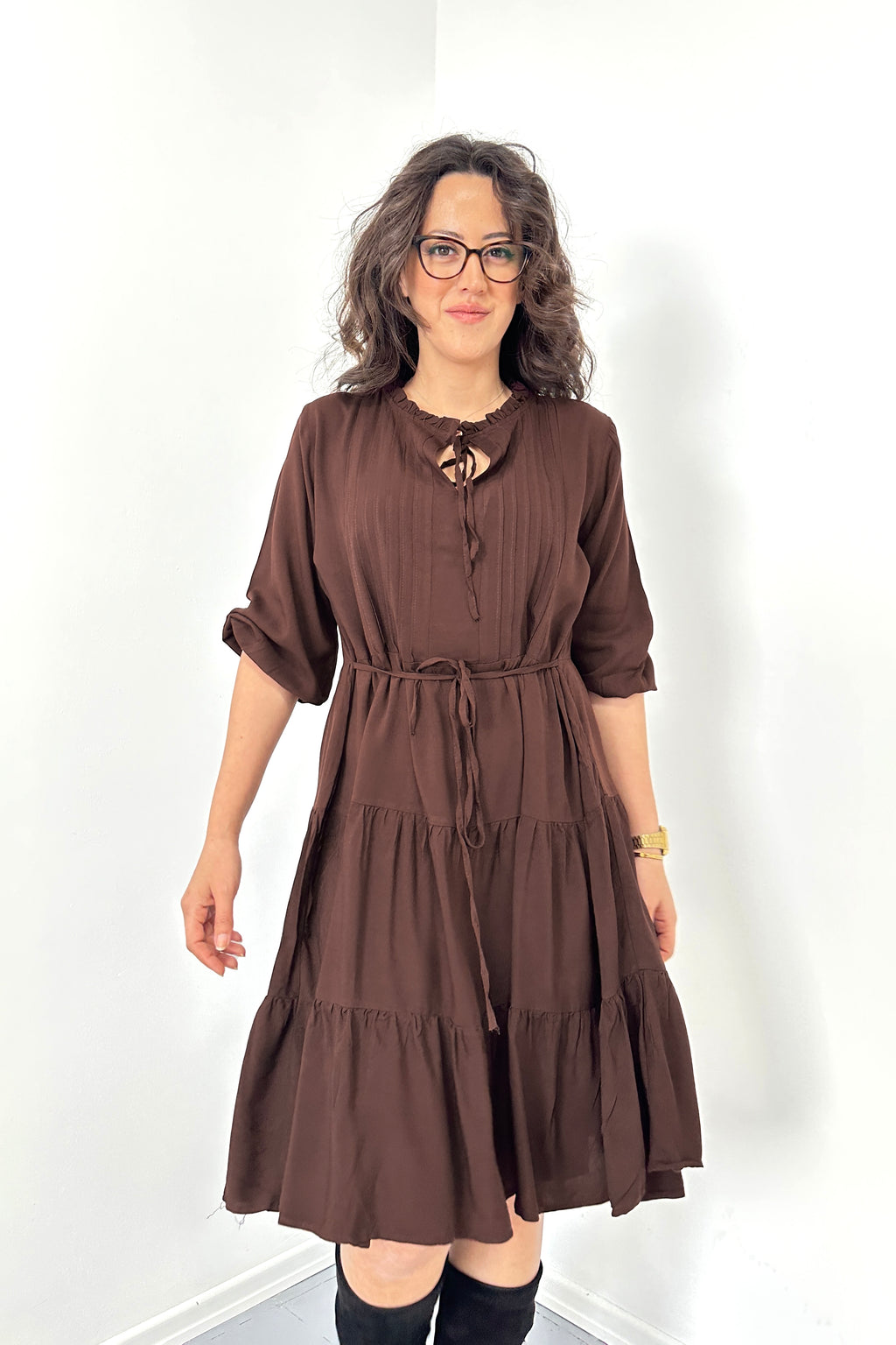 Bağlama Yaka Detaylı Kat Kat Viskon Elbise