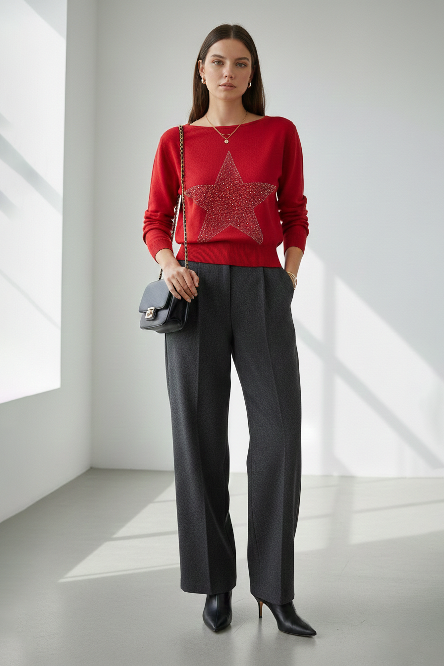 Kayık Yaka Yıldız Desen Parlak Taş Baskılı Merserize Triko