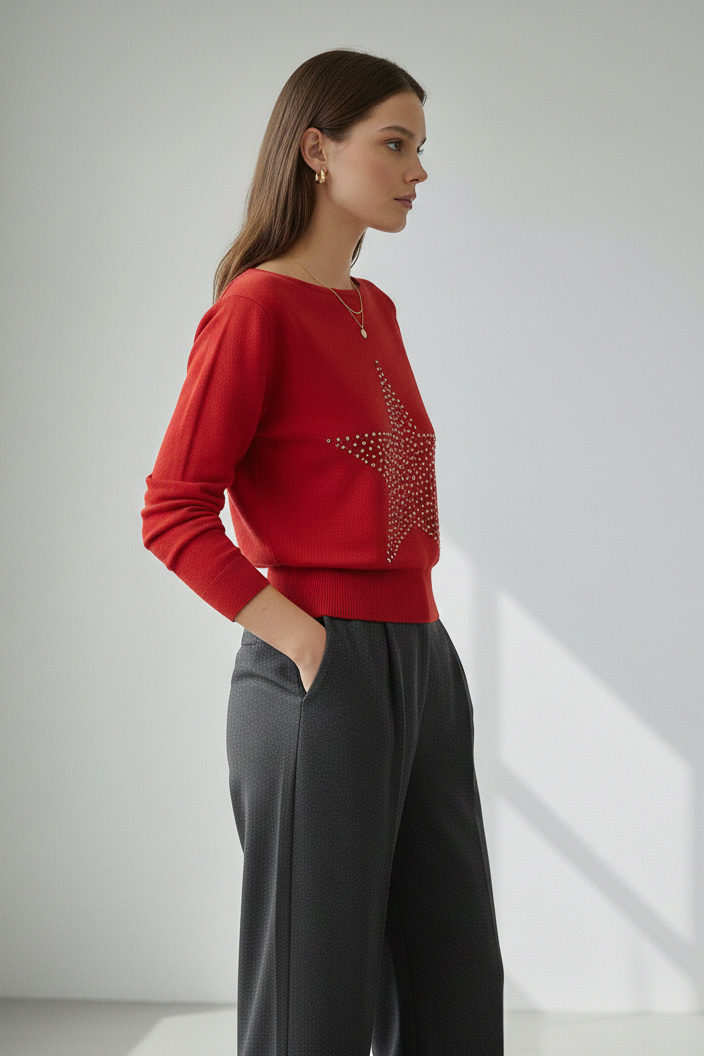 Kayık Yaka Yıldız Desen Parlak Taş Baskılı Merserize Triko