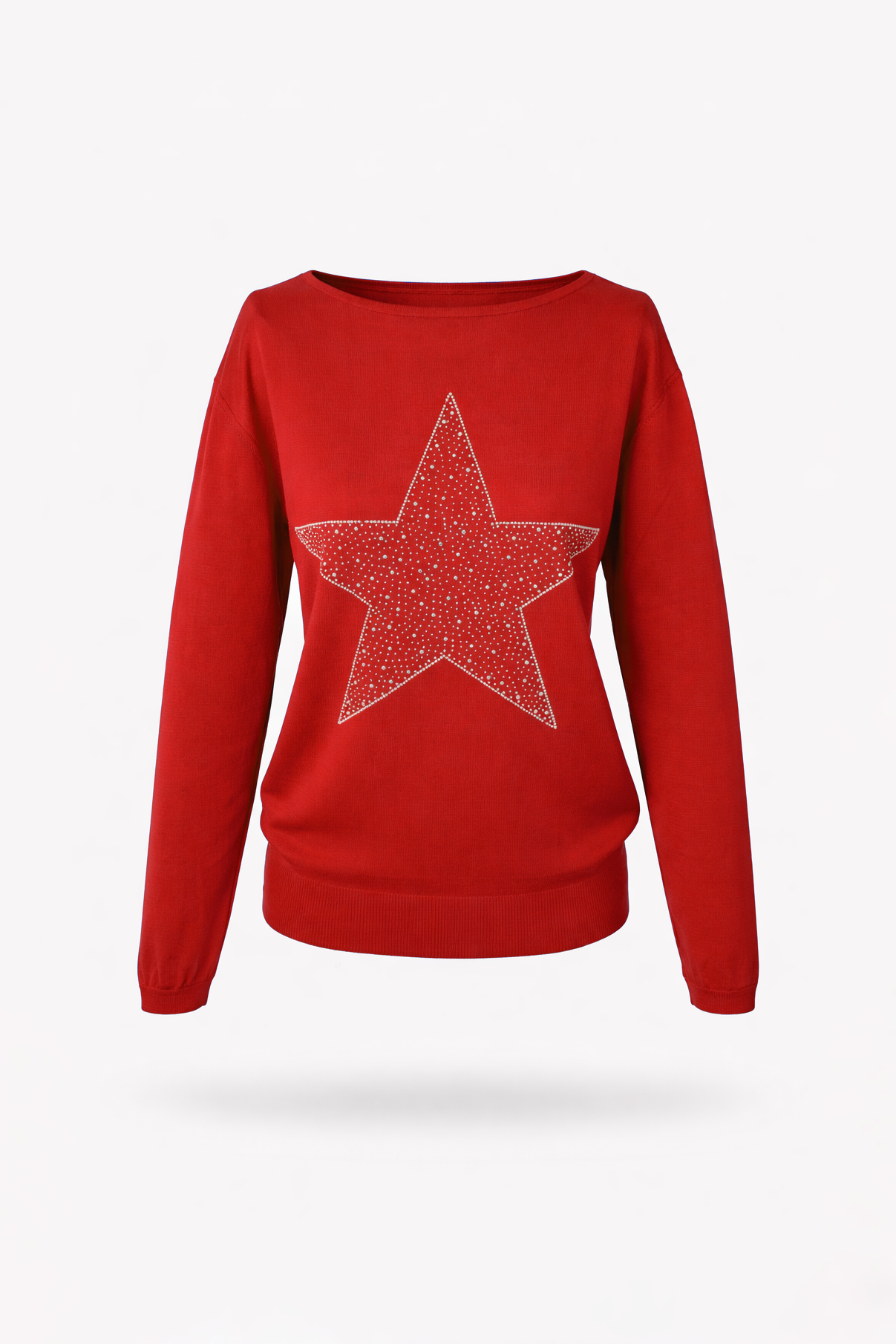 Kayık Yaka Yıldız Desen Parlak Taş Baskılı Merserize Triko