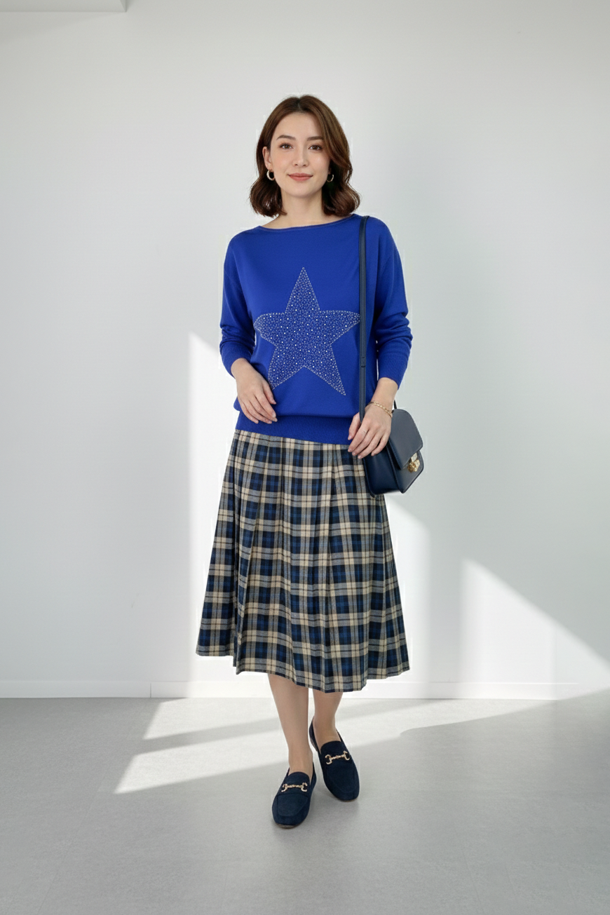 Kayık Yaka Yıldız Desen Parlak Taş Baskılı Merserize Triko