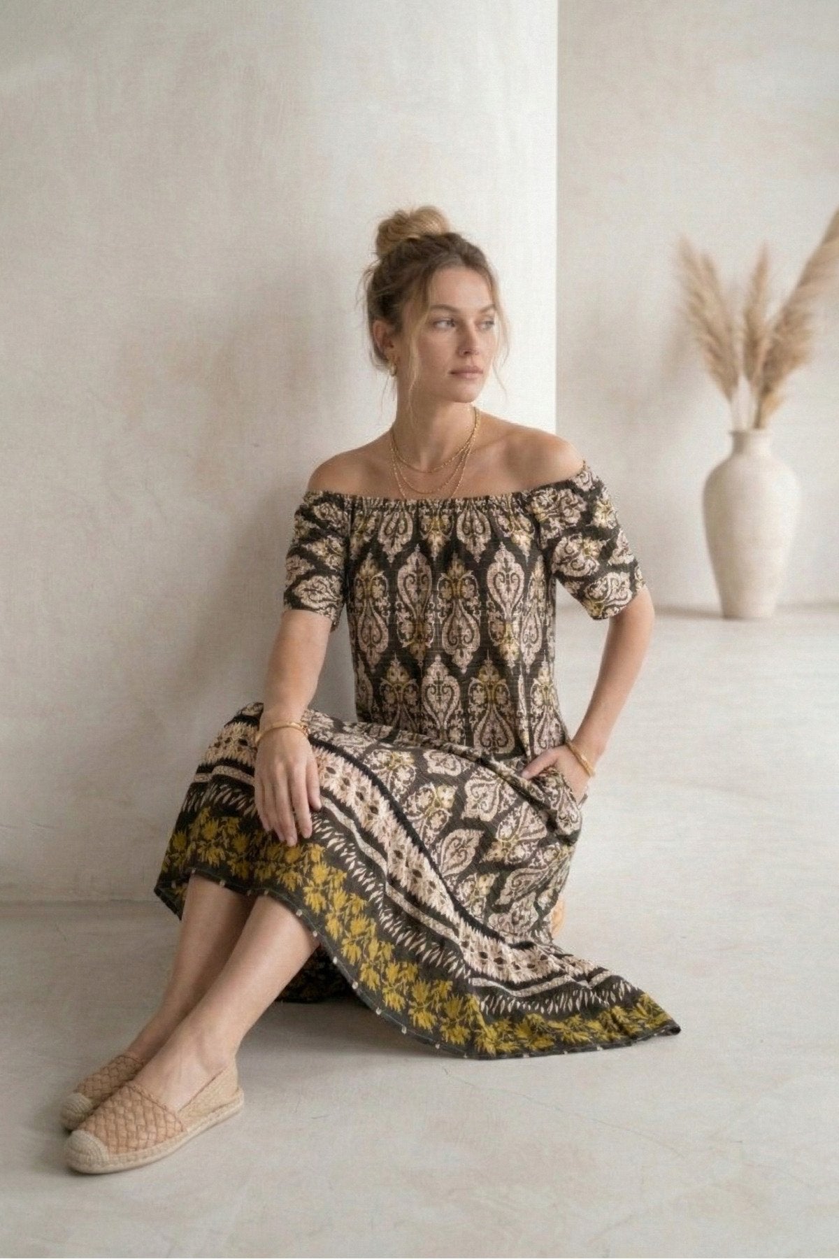 Bohem Stil Madonna Yaka Cepli Yazlık Elbise