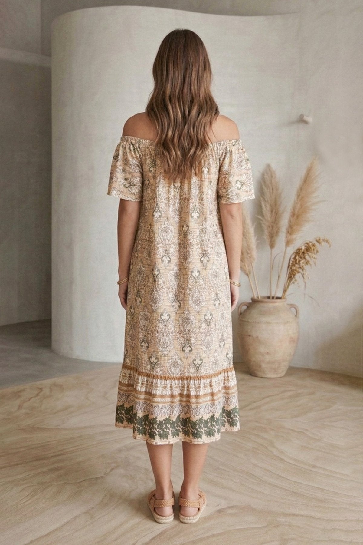 Bohem Stil Madonna Yaka Cepli Yazlık Elbise