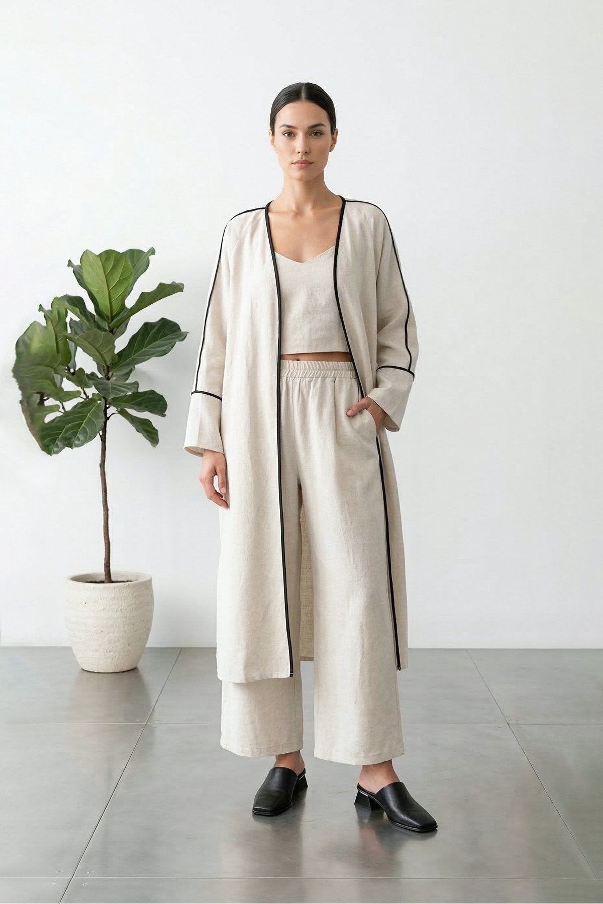 Bej Keten Siyah Biyeli Kimono Pantolon Takım