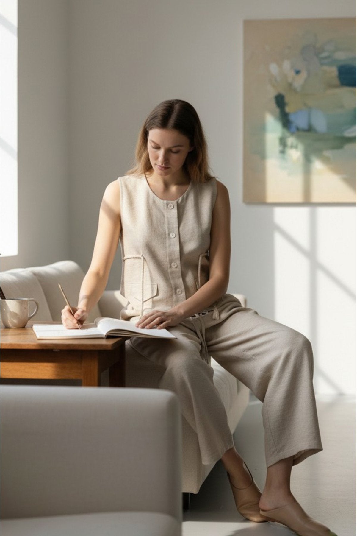 Bej Keten Yanları Halat Detaylı Yelek ve Geniş Paça Pantolon