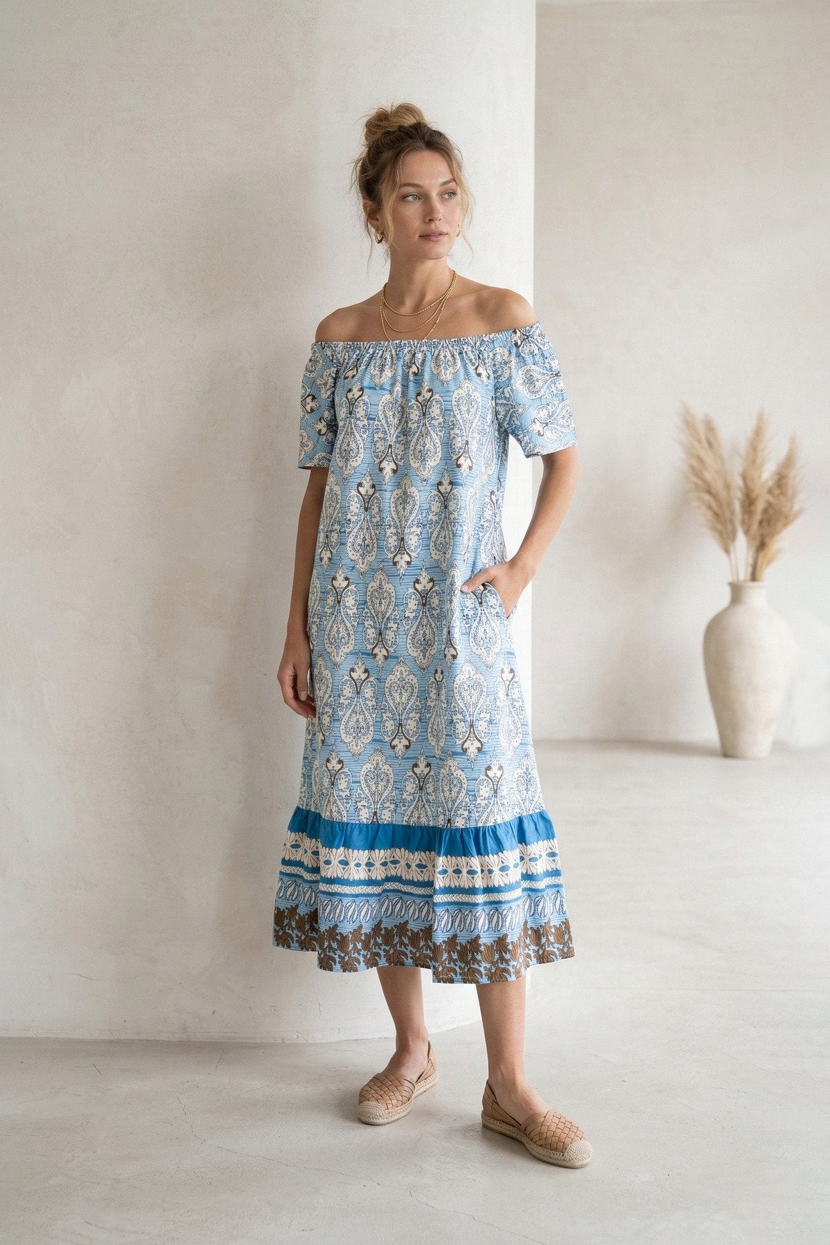 Bohem Stil Madonna Yaka Cepli Yazlık Elbise