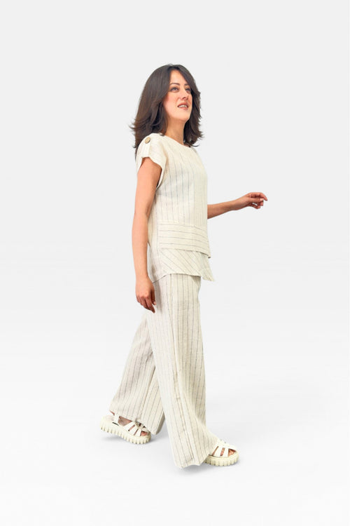 Asimetrik Kesim Çizgili Keten Bluz ve Pantolon Takım