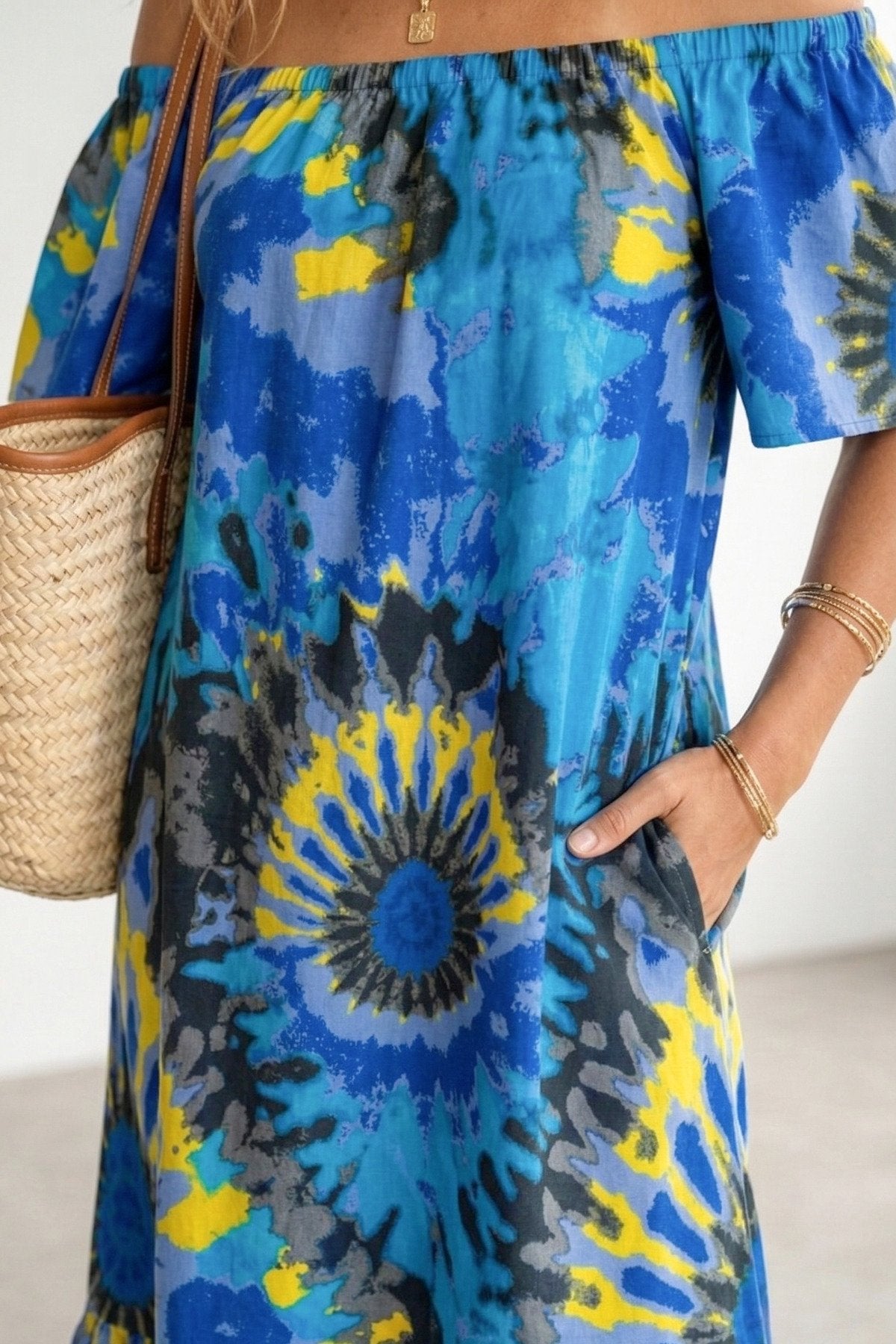 Bohem Stil Madonna Yaka Cepli Yazlık Elbise