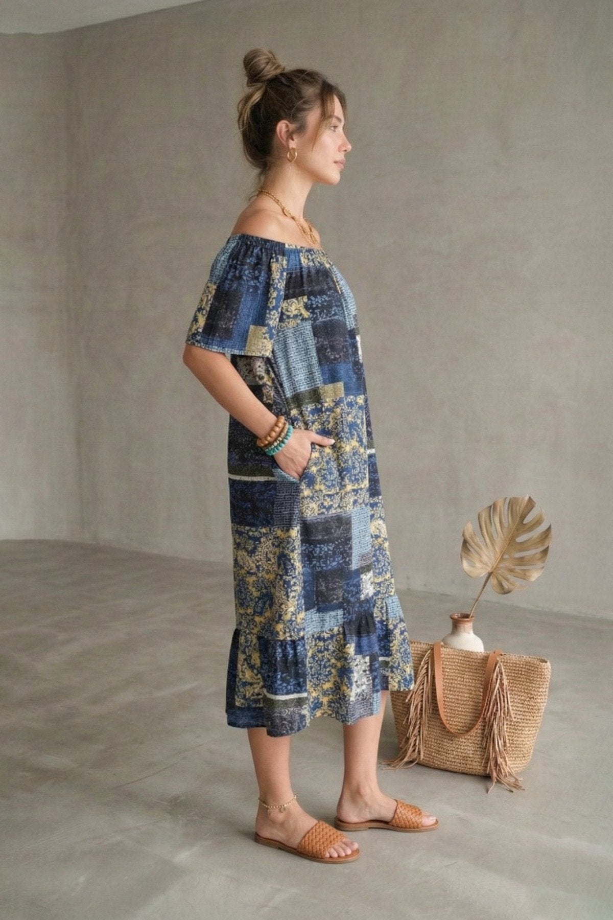 Bohem Stil Madonna Yaka Cepli Yazlık Elbise