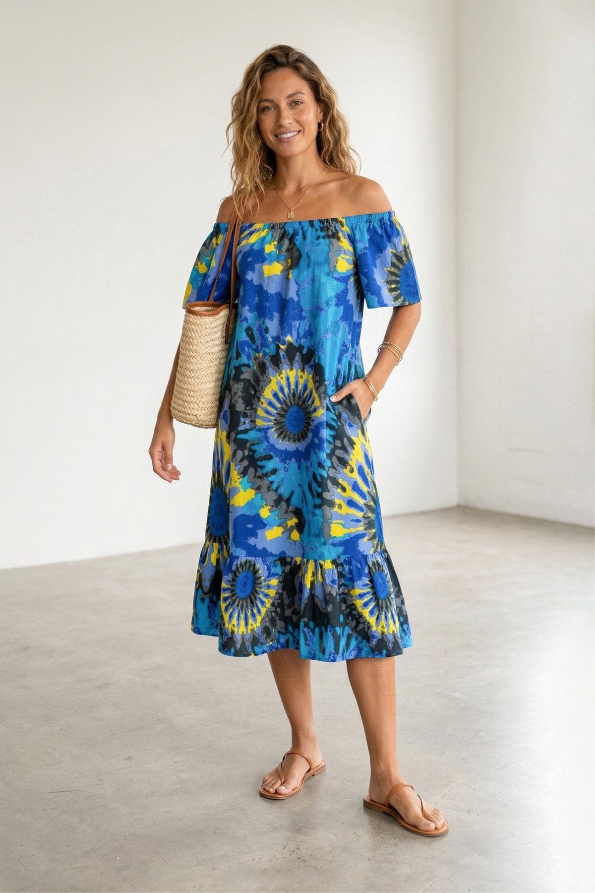 Bohem Stil Madonna Yaka Cepli Yazlık Elbise