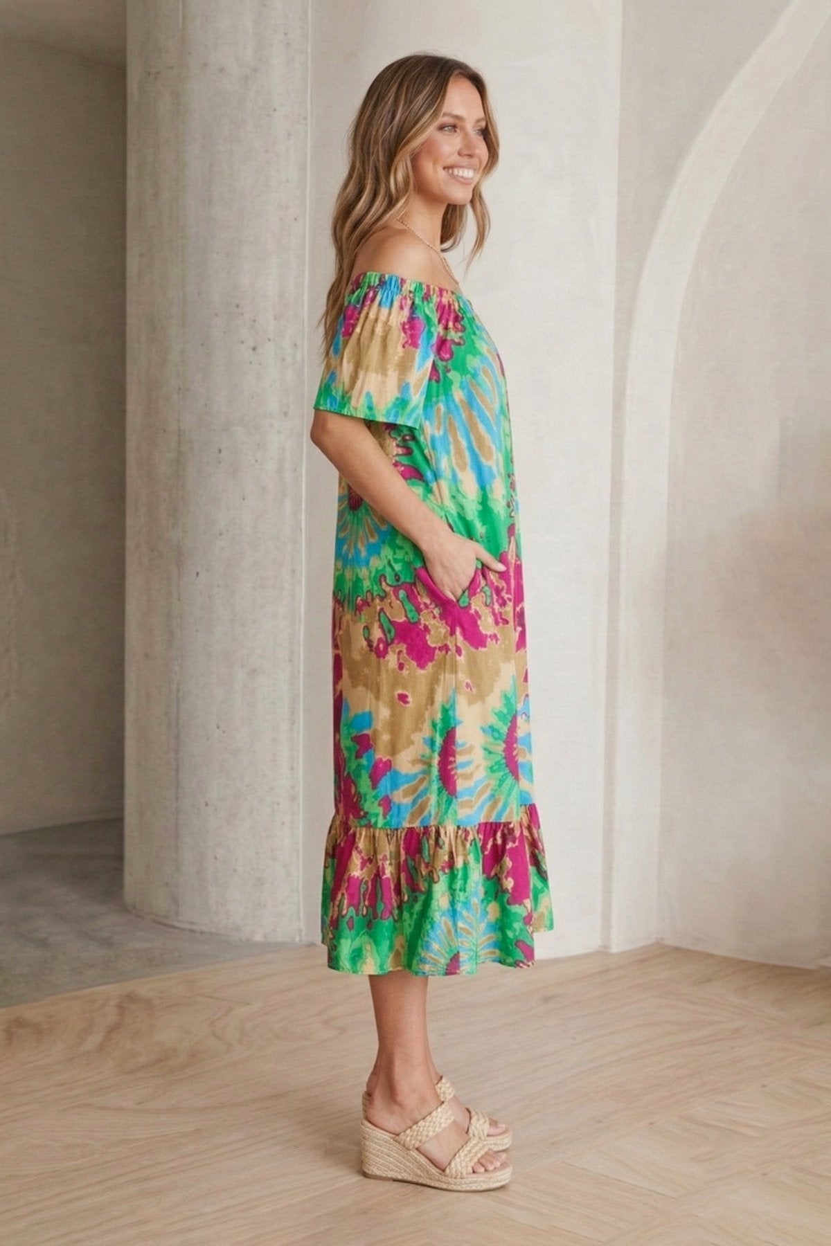 Bohem Stil Madonna Yaka Cepli Yazlık Elbise