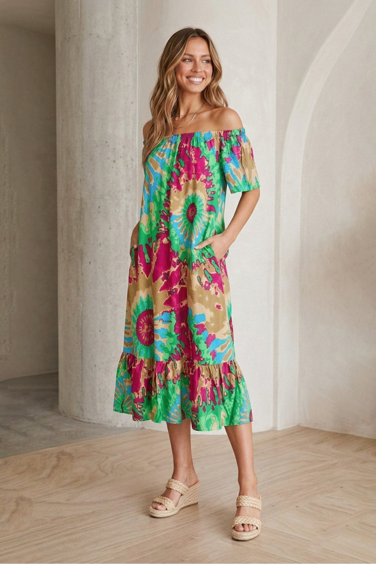 Bohem Stil Madonna Yaka Cepli Yazlık Elbise