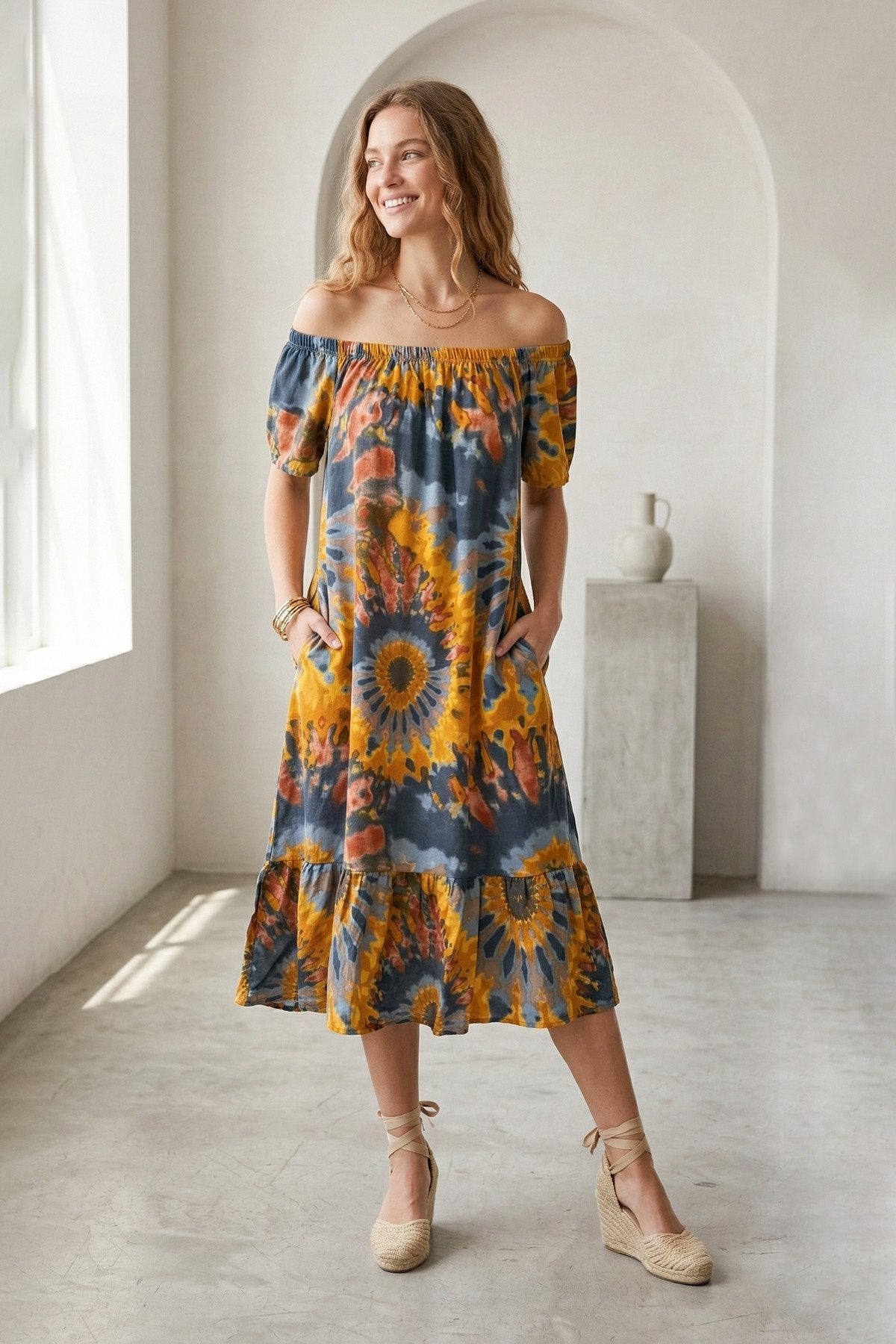 Bohem Stil Madonna Yaka Cepli Yazlık Elbise