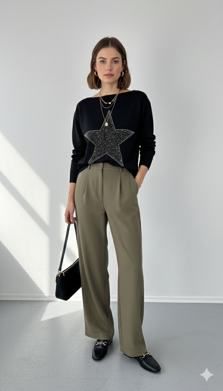 Kayık Yaka Yıldız Desen Parlak Taş Baskılı Merserize Triko